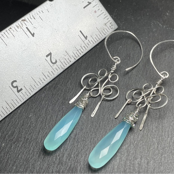 Sterling Silver Fillagree and Aqua Blue Chalcedony Drop Earrings - Picture 14 of 15